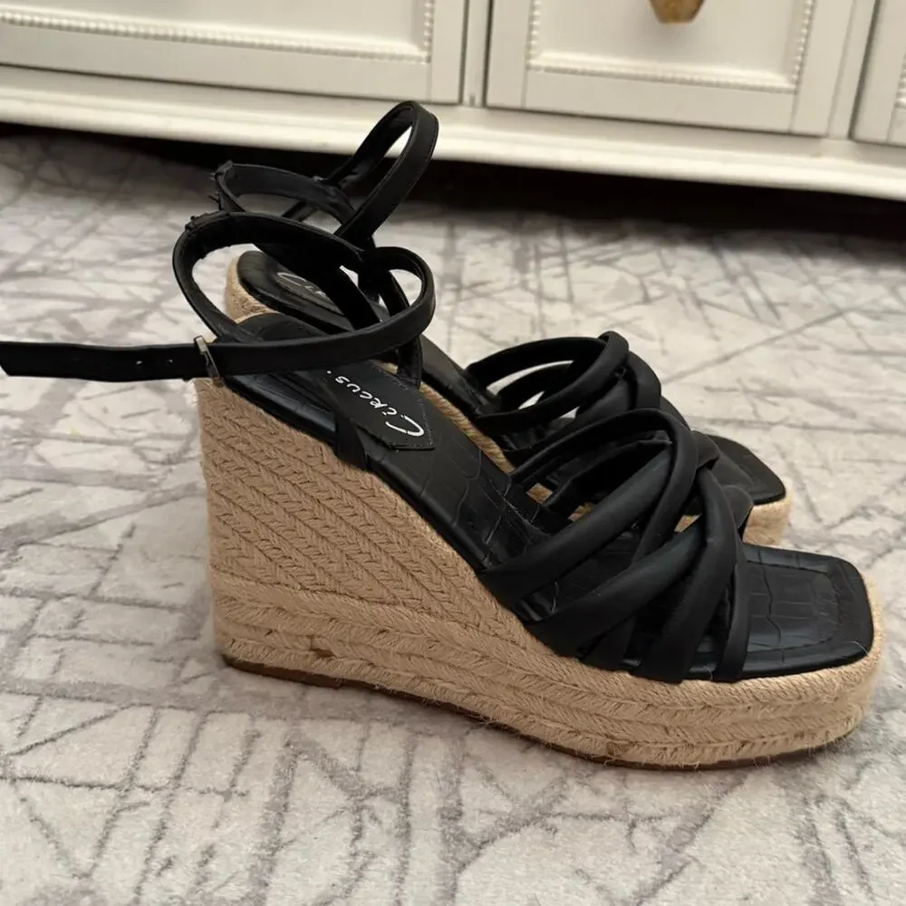 Circus NY by Sam Edelman Irene Espadrille Platform Wedge Sandals Size 8 Black
